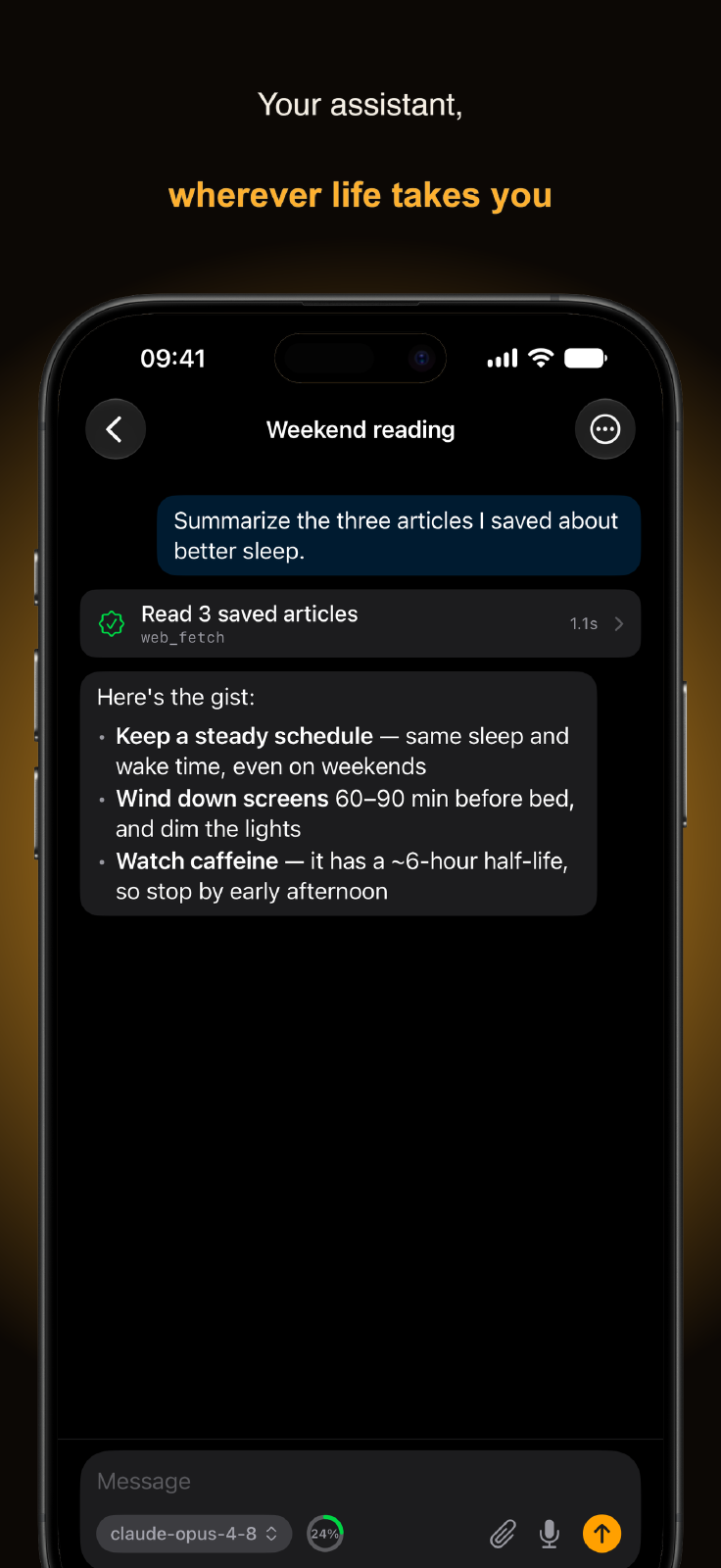 Hermes Mobile chat rendering an assistant answer as native Markdown with a tool activity row above it