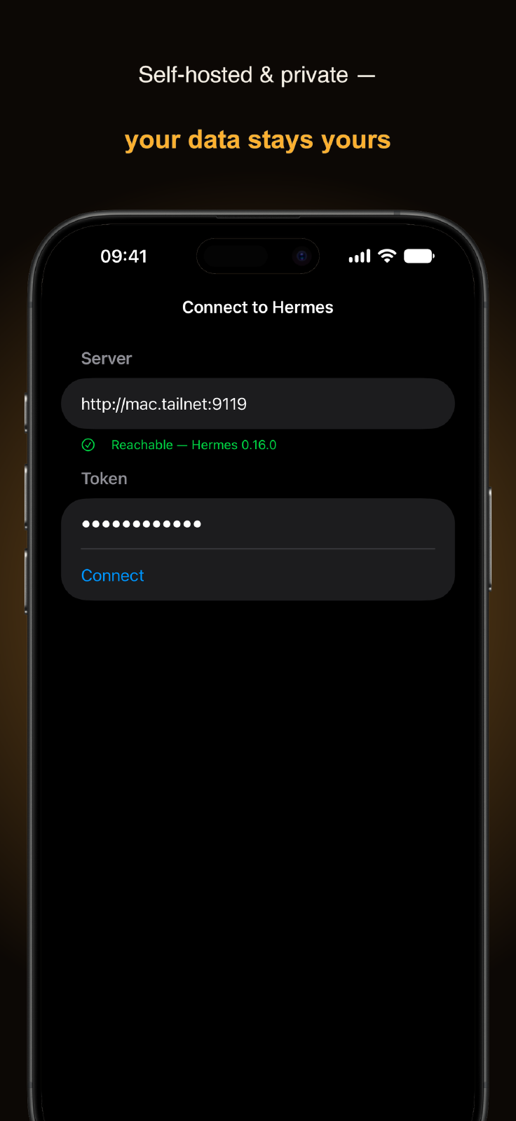 Hermes Mobile connect screen with a server URL over a tailnet, a reachable status, and a token field