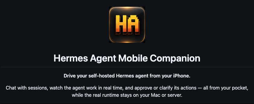 Hermes Agent Mobile Companion banner: drive your self-hosted Hermes agent from your iPhone