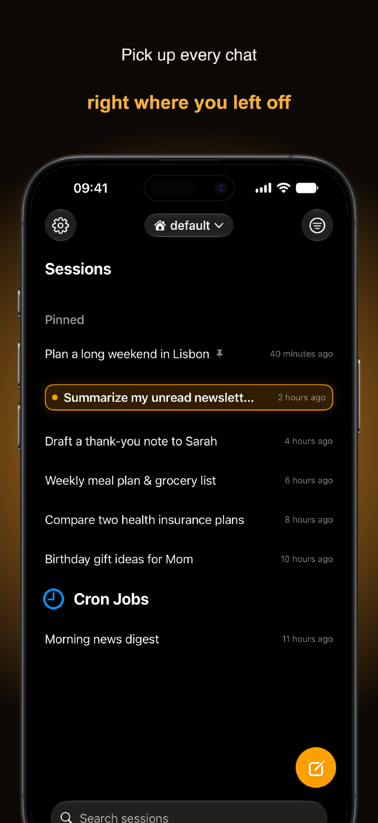 Hermes Mobile sessions list grouped by workspace, with pinned chats and a separate Cron Jobs group