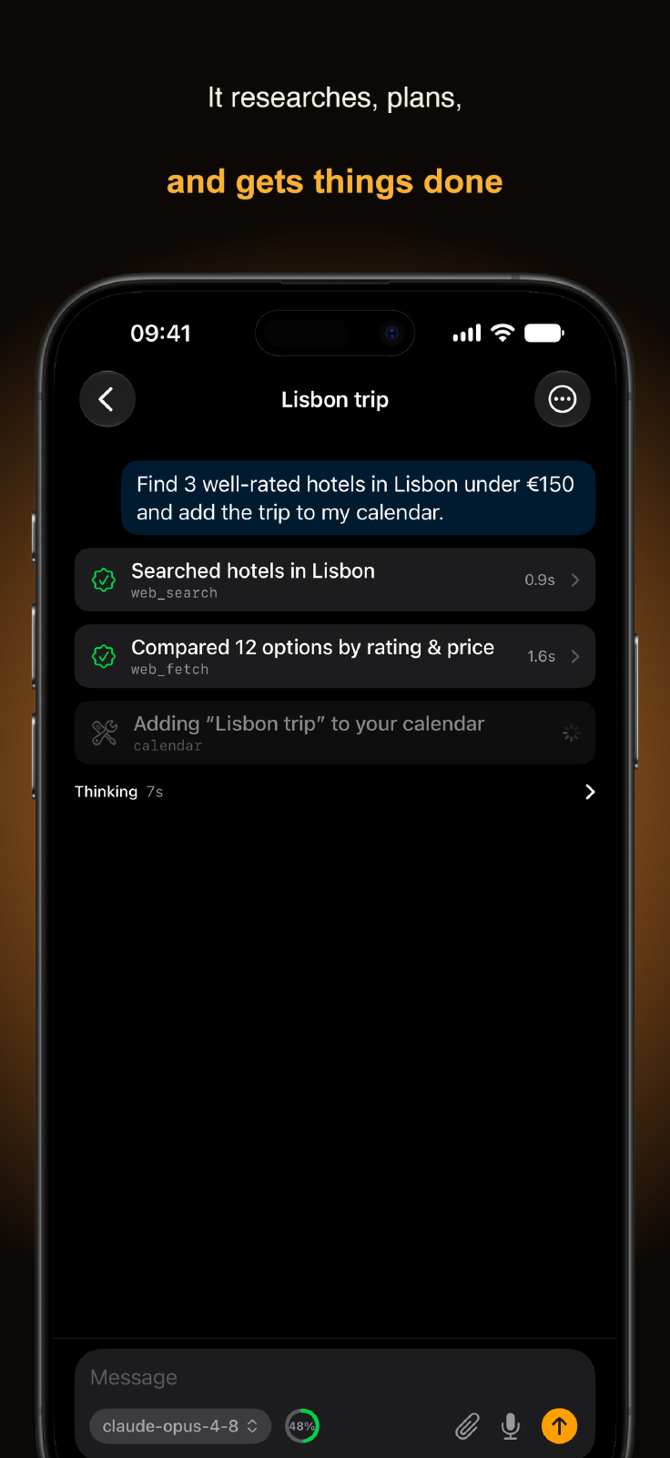Hermes Mobile showing tool activity rows for a multi-step task, with completed steps and a running step plus a thinking indicator