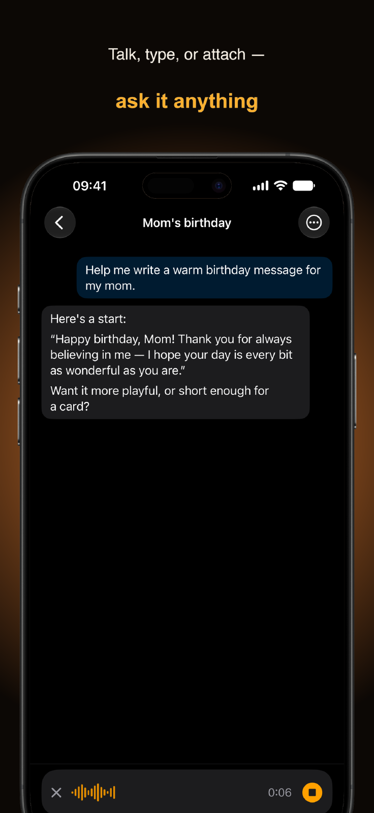 Hermes Mobile chat with voice input active, recording a prompt to the agent