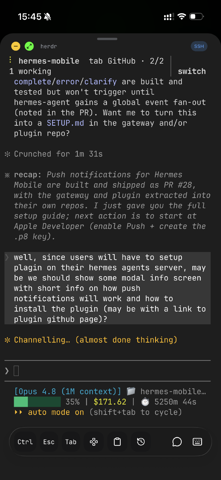 Moshi iOS terminal app over SSH showing a Herdr session for the hermes-mobile workspace, with an agent mid-task and the GitHub tab selected