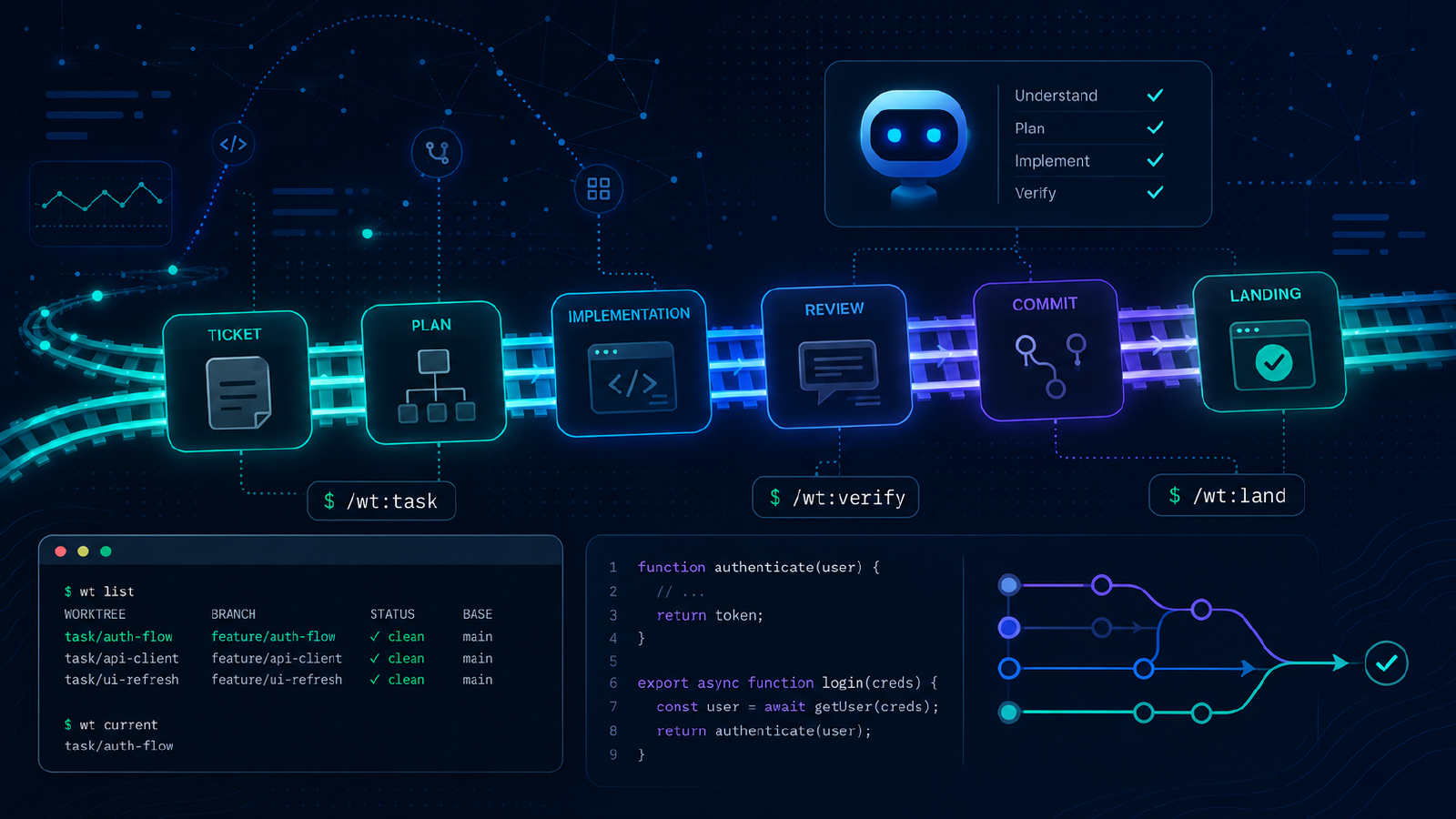 AI coding workflow rails: ticket, plan, implementation, review, commit, landing